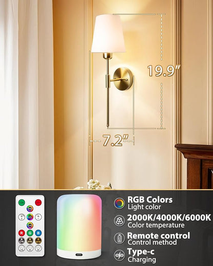 Adetu Battery Operated Wall Sconce Set of 2, Gold Wireless Battery Wall Lights with 10000mAh RGB Dimmable Magnetic Bulbs and Remote Control, Rechargeable Wall Sconce for Bedroom Living Room Hallway