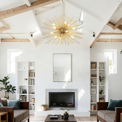 Modern 33.8in Gold Sputnik Chandeliers 12-Light Mid-Century Starburst Chandelier Light Fixture Solid Metal Satellite Large Chandelier for High Ceiling Dining Room Living Room Foyer E12