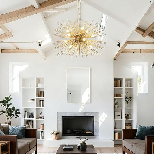 Modern 33.8in Gold Sputnik Chandeliers 12-Light Mid-Century Starburst Chandelier Light Fixture Solid Metal Satellite Large Chandelier for High Ceiling Dining Room Living Room Foyer E12
