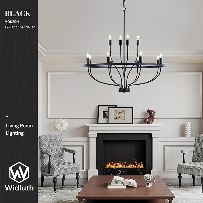 33.5" Industrial Black Chandelier Vintage 12-Lights Rustic Candle Style Chandeliers Light Fixture Retro Farmhouse Black Chandelier for Dining Room, Kitchen Island, Living Room, E12