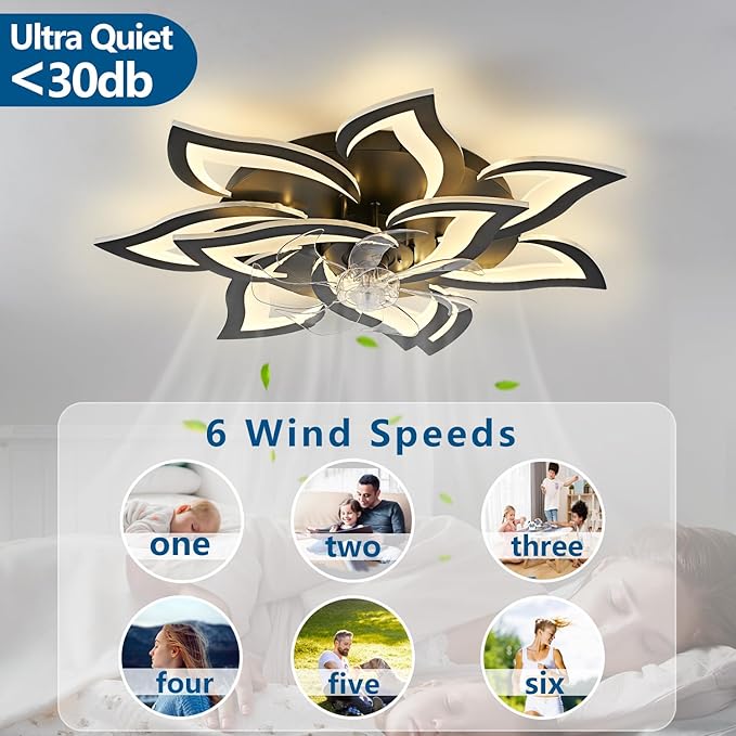 32" Modern Geometric Ceiling Fan with Lights Remote Control, Black 6 Speeds 3 Colors Low Profile Ceiling Fan with Light for Living Room