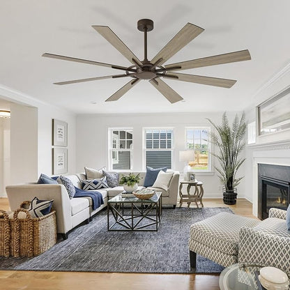 Ceiling Fan Without Light: 66 Inch Big Indoor Outdoor Fan with Remote APP Control - Brown Wood Grain Large Ceiling Fan no Light 8 Blade Reversible Quiet DC Motor Memory Function Timer