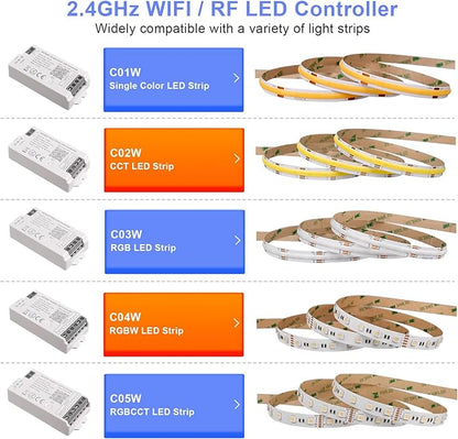 C01W Single Color LED Controller, Tuya WiFi 2.4G RF, 2Pin PWM Dimmer for LED Strip, APP & Voice Control, Compatible with Alexa Google Home, Compatible with WR02RF RC01RFB Remote