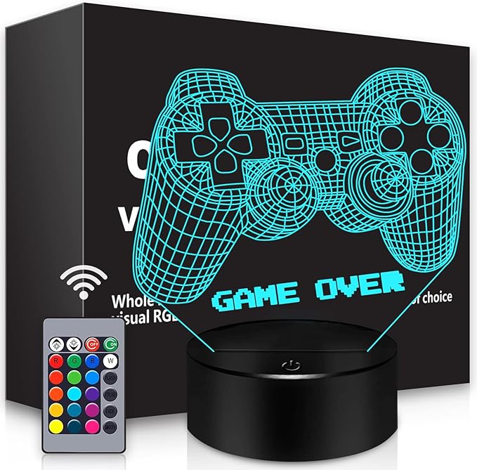 BASSI 3D Gamepad Night Light Game Over Light Game Controller Console Illusion Lamp for Kids Gamer Room Decor, 16 Color Changing with Remote Timer, Christmas Birthday Gifts for Boys Girls