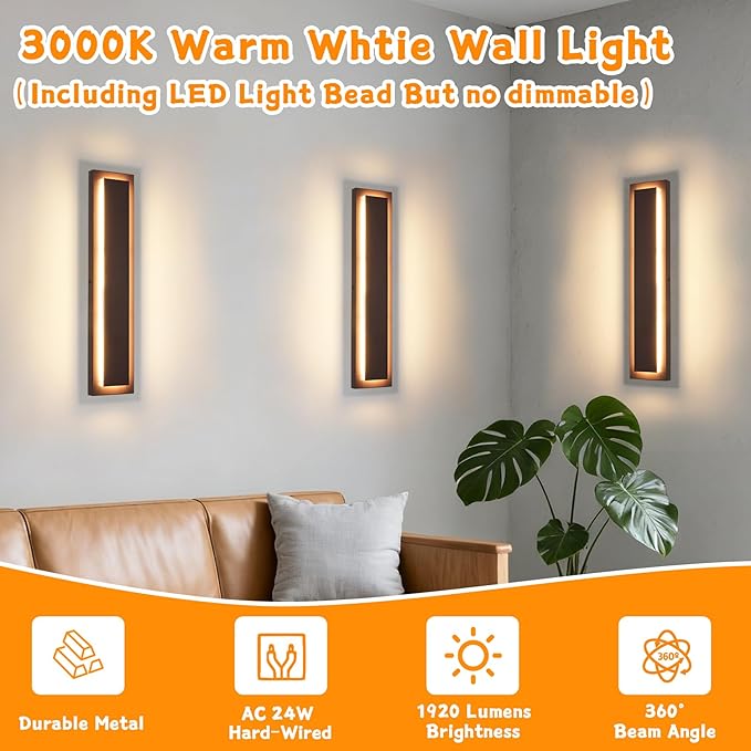 24 in Long Outdoor LED Wall Lights, Modern Exterior Garage Wall Light,Outside Light Fixtures for House,Patio,Front Porch,Brown Outdoor Wall Sconce Waterproof 1 Pack，AC Hard-Wired