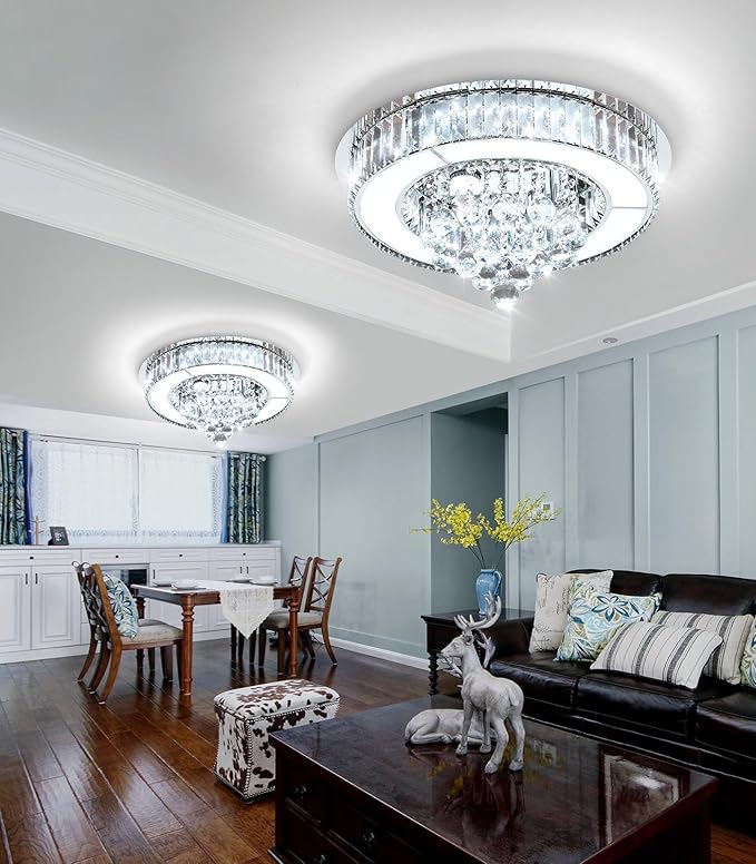 19.6" Silver Modern Crystal Chandeliers for Dining Room LED Dimmable Light Fixtures Flush Mount Light Living Room Bedrooms