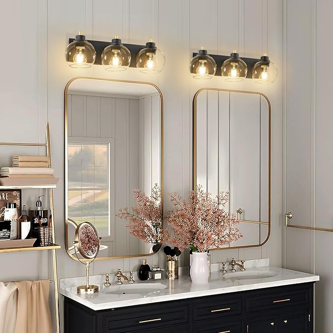 Tuscarora 3 Light Bathroom Vanity Light, Black and Gold Bathroom Light Fixtures Over Mirror, Modern Vanity Light with Clear Glass Shade, Black Wall Sconce for Mirror