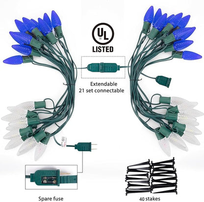 Christmas Pathway Lights Outdoor, 2 Pack 26 Ft 20 LED C9 Strawberry String Lights with Stakes, Connectable Waterproof Outside Christmas Lights Marker for Path, Lane, Patio Decor, Blue & Pure White