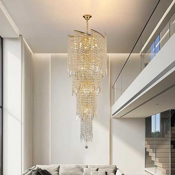 Modern Crystal Chandelier Gold Spiral Chandeliers for Dining Room, 4 Tiers Ceiling Pendant Light Fixtures, Golden Large Raindrop Chandelier for Foyer Living Room Entryway Staircase, H62 x D21.6