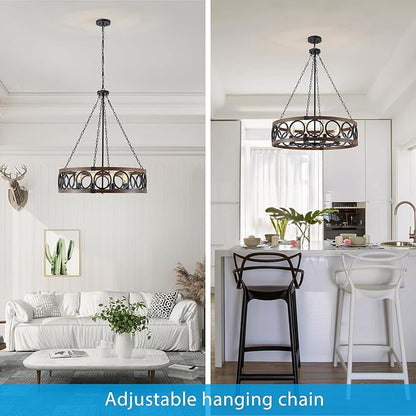 XINGQI Modern Farmhouse Chandelier 32.3" Large Drum 8 Lights Rustic Pendant Lighting Fixture for Living Room Dining Room Kitchen Island Bar Office, Round Metal Shade Black Wood Grain Finish