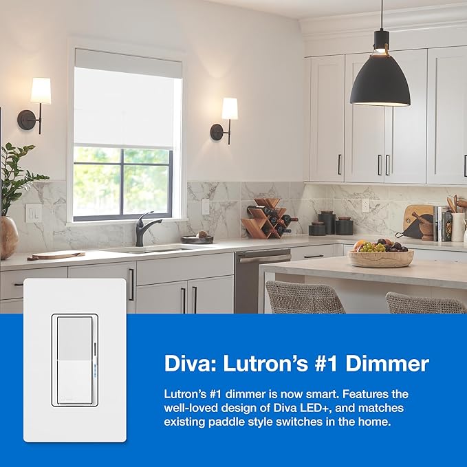 Lutron Deluxe Diva Smart Dimmer Kit for Caseta Lighting w/ Hub and Pico Remote, and Pedestal, 1 Wallplate, Smart Dimmer Works with Apple Home, Ring, Google Home, 3 Way