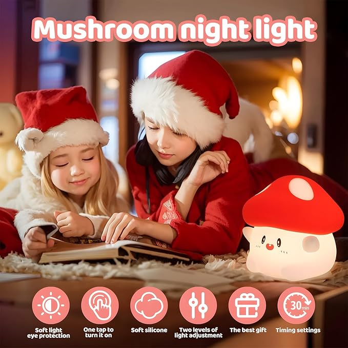Mushroom Night Light, Squishy Silicone Lamp - Tap Control 2 Brightness, 50H Battery & Auto Timer, Cute Mothers Day Gifts for Kids, Bedside Nursery Desk Mushroom Decor