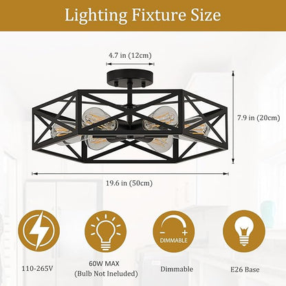 Modern Farmhouse Black Ceiling Light,Industrial Semi Flush Mount Ceiling Lighting Fixture,hexagonal Lighting Fixtures for Kitchen,Bedroom,Foyer,Living,Dining Room,Laundry Room,6-Light,19.7 Inch