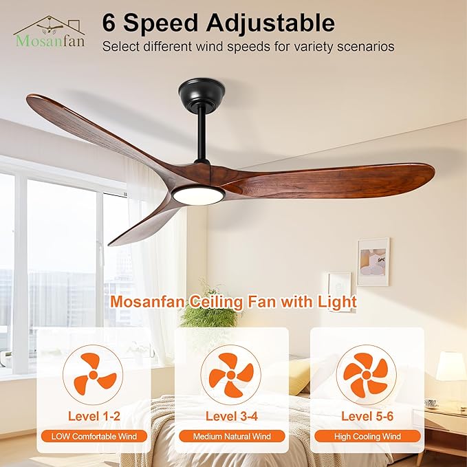 60 Inch Ceiling Fans with Lights and Remote, Wood Outdoor Ceiling Fan with 6 Speed Noiseless DC Motor, Indoor Modern 3 Blade Propeller Ceiling Fan for Bedroom Living Room Gazebo Patio(Walnut)