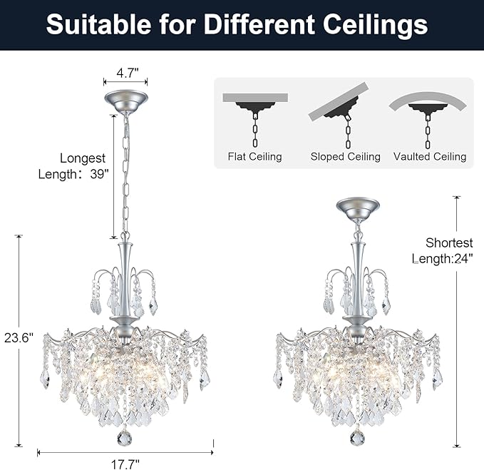 Modern Crystal Chandelier, Chrome Candle Chandeliers for Dining Room Lighting Fixtures Hanging, Kitchen Ceiling Hanging Pendant Light for Bedroom Living Room Kitchen Island Hallway