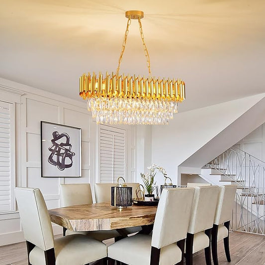 Modern Crystal Chandeliers for Dining Room 8-Light Gold Crystal Chandelier Living Room Oval Contemporary Ceiling Hanging Light Pendant Light Fixture for Kitchen Island Bar Restaurant L32
