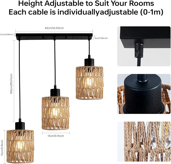 FIRVRE 3 Light Pendant Lighting, Farmhouse Boho Hanging Light Fixture for Kitchen Island & Dining Room, Industrial Vintage Ceiling Lamp with E26 Base, Adjustable Height, Rattan Pendant Light