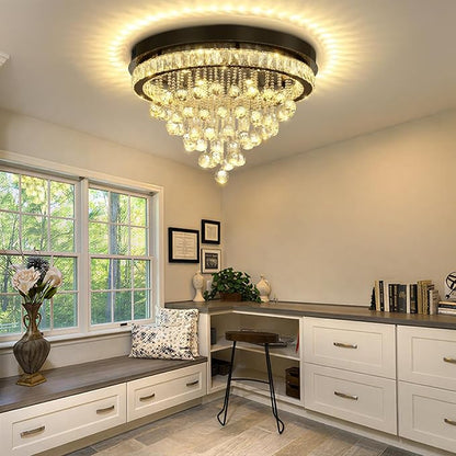 Dia 24" Modern Crystal Chandeliers for Dining Room,Black Raindrop Chandelier Flush Mount Chandeliers for Living Room Bedrooms Dining Room Dimmable 2700k 4500k 6000k