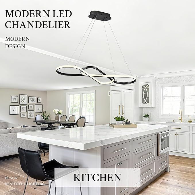 Modern LED Chandelier Black Dimmable LED Pendant Light for Dining Room Light Fixture Over Table Modern Kitchen Island Lighting High Ceiling with Remote for Living Room, 31.7 Inch