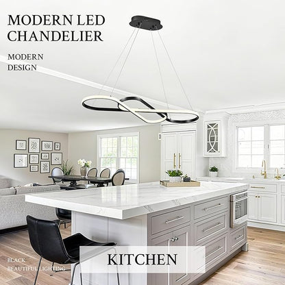Modern LED Chandelier Black Dimmable LED Pendant Light for Dining Room Light Fixture Over Table Modern Kitchen Island Lighting High Ceiling with Remote for Living Room, 31.7 Inch
