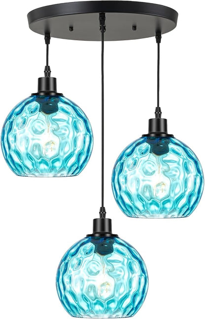 3-Light Kitchen Island Pendant Light with Blue Glass Shades, Adjustable Black Hanging Ceiling Lamp, Mid Century Modern Chandelier for Dining Room, Breakfast Bar, Farmhouse