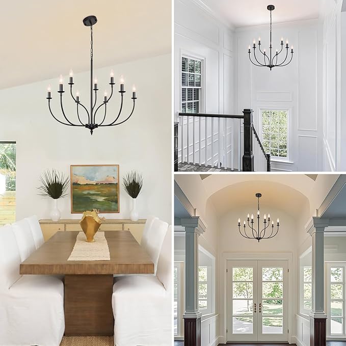 Black Chandelier, 9-Light Farmhouse Chandelier for Dining Room Lighting Fixtures Hanging, 2-Tier French Country Candle Chandeliers for Living Room Bedroom Foyer(Frosted Black)