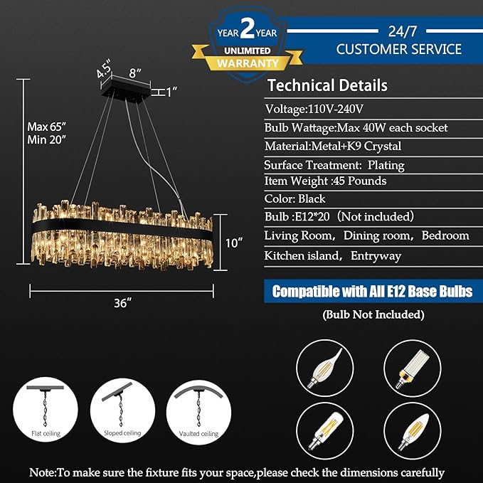 Weesalife Black Crystal Chandeliers for Dining Room, 20 Lights Modern Oval Chandelier for Lining Room, Rectangular Crystal Pendant Light Fixture for Kitchen Island Bar L36 Inch