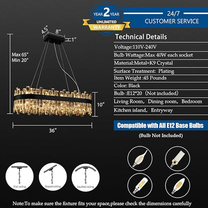 Weesalife Black Crystal Chandeliers for Dining Room, 20 Lights Modern Oval Chandelier for Lining Room, Rectangular Crystal Pendant Light Fixture for Kitchen Island Bar L36 Inch