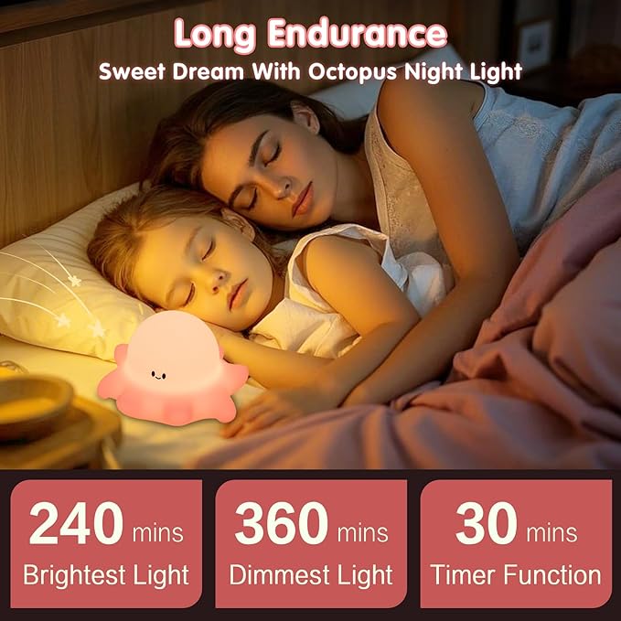 YR YRHH-PET Pink Octopus Night Light,LED Squishy Novelty Animal Cute Lamp, Food Grade Silicone Nightlight, 3 Level Dimmable, Light Up Octopus Decor for Room College Dorm, Boy Girl Gifts