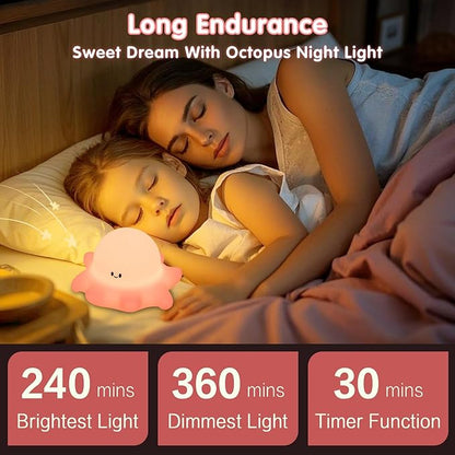 YR YRHH-PET Pink Octopus Night Light,LED Squishy Novelty Animal Cute Lamp, Food Grade Silicone Nightlight, 3 Level Dimmable, Light Up Octopus Decor for Room College Dorm, Boy Girl Gifts