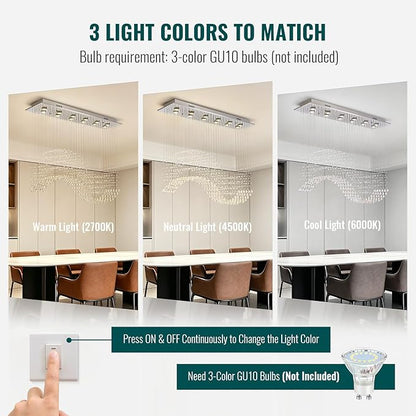 Siljoy Rectangle Wave Raindrop Chandelier for Dining Room, 12 Light Modern Rectangular Flush Mount Crystal Pendant Ceiling Light for Living Room Kitchen L47'' x W11.8'' x H40''