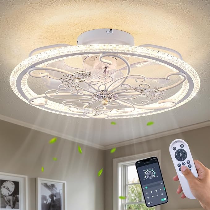 20" White Ceiling Fan with Lights Remote Control, 6 Speeds Retro Industrial Caged Ceiling Fan with Light for Kitchen Bedroom Living Room
