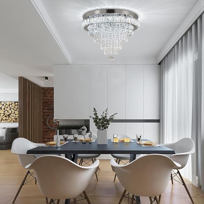 FRIXCHUR 17.7" LED Crystal Chandelier Modern Crystal Ceiling Light Fixture Large Flush Mount Chandeliers Ceiling Lighting for Living Room Bedroom Kitchen (6500K Cool White)