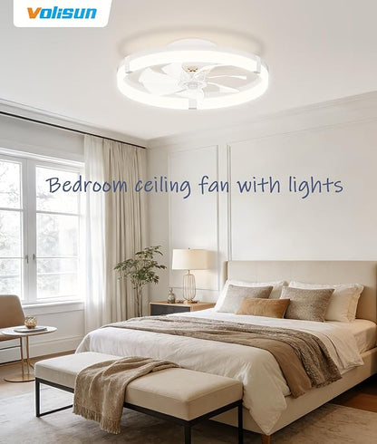 VOLISUN Low Profile Ceiling Fans with Lights and Remote, 20in Flush Mount Ceiling Fans with Light, 3000K-6500K Dimmable Fandelier Ceiling Fan, White Bladeless Ceiling Fan for Bedroom
