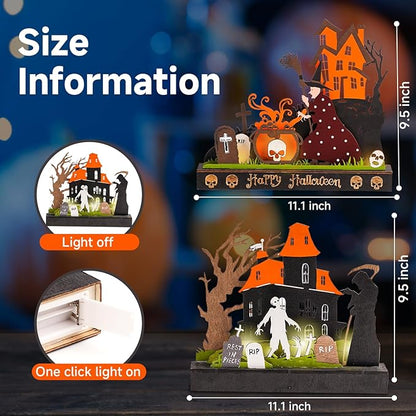 2 Pieces Wooden Halloween Table Decorations Indoor, Festival Decoration Night Light, Witch Tombstone Castle Halloween Decor for Desk Table Fireplace Room Living Room Kitchen Office Bar