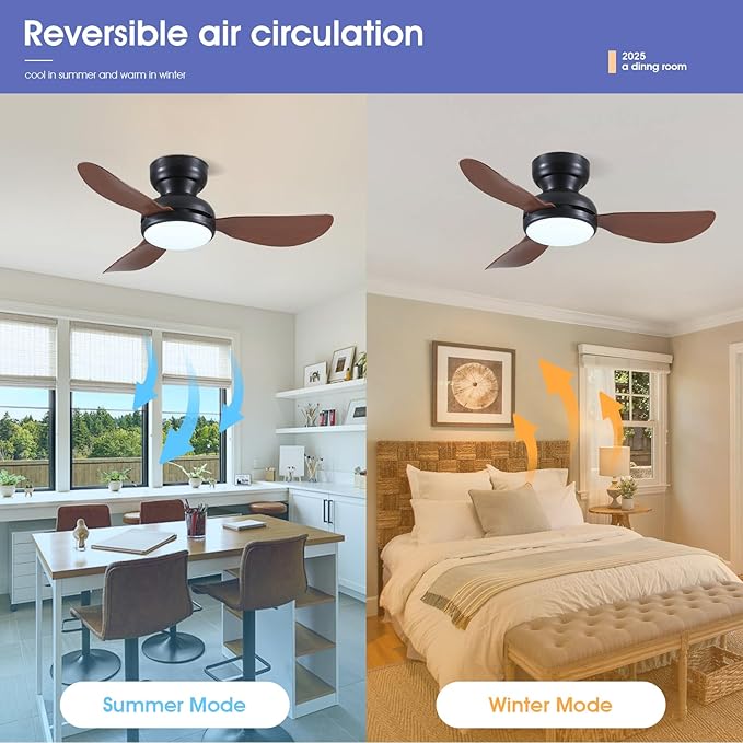 Kviflon 36 Inch Ceiling Fans with Lights, Small Flush Mount Ceiling Fan, Remote/APP Control, 3 Reversible Curved Blades, 6 Speeds, 3 CCT Dimmable Lights for Bedroom Kids Room, Brown