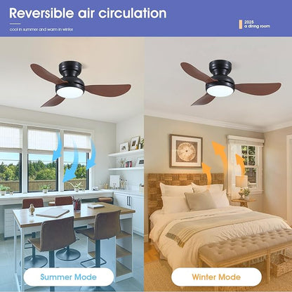 Kviflon 36 Inch Ceiling Fans with Lights, Small Flush Mount Ceiling Fan, Remote/APP Control, 3 Reversible Curved Blades, 6 Speeds, 3 CCT Dimmable Lights for Bedroom Kids Room, Brown