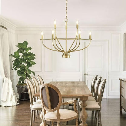 9-Light Gold Light Fixture Vintage Candle Chandelier Lighting 30in Mid-Century Modern Brass Dining Room Chandelier Over Table for Kitchen Island Living Room FoyerBedroom, E12