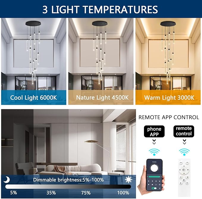 12-Lights Modern Chandeliers for Entryway High Ceiling Chandelier LED Dimmable Long Lights Fixture Pendants Lighting Crystal Chandeliers for Hallway Foyer Living Room Black Finished Lighting