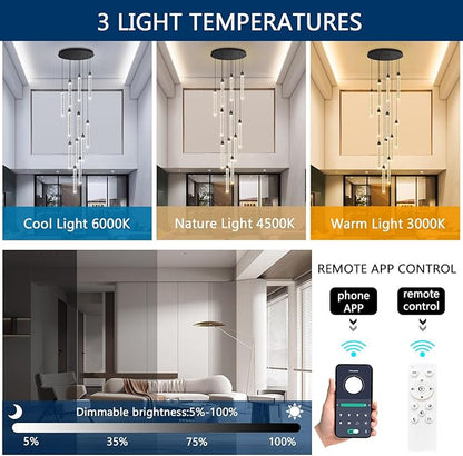 12-Lights Modern Chandeliers for Entryway High Ceiling Chandelier LED Dimmable Long Lights Fixture Pendants Lighting Crystal Chandeliers for Hallway Foyer Living Room Black Finished Lighting