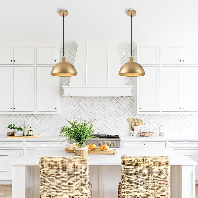 12 Inch Gold Dome Pendant Lights 3 Pack for Kitchen Island, Height Adjustable Farmhouse Industrial Hanging Light Fixtures Over Table for Dining Room, Entryway