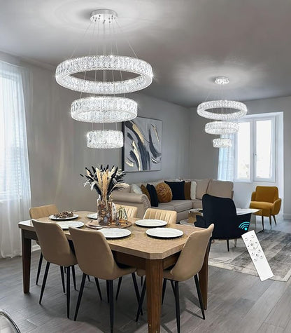 Modern Crystal Chandelier 36W Dimmable LED Ceiling Light Fixture with Remote Luxury Adjustable Pendant Light for Living Room Dining Room Silver