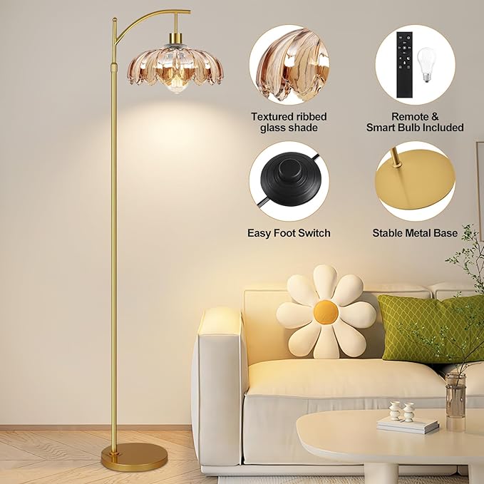 AHDWDW Gold Arc Floor Lamp for Living Room with Remote,Dimmable Modern Floor Lamps with Amber Glass Shade,Unique Vintage Flower Standing Tall Lamp,Mid Century Floor Lamps for Bedroom Office Corner
