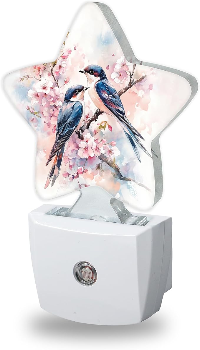 Spring Birds Night Lights Plug Into Wall,Pink Flowers Dusk to Dawn Light Sensor Night Light for Kids, Energy Efficient Sleep Friendly Lamp for Bedroom Bathroom Nursery