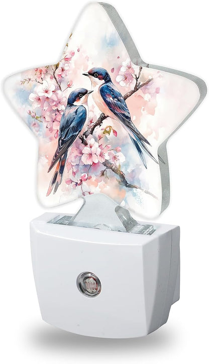 Spring Birds Night Lights Plug Into Wall,Pink Flowers Dusk to Dawn Light Sensor Night Light for Kids, Energy Efficient Sleep Friendly Lamp for Bedroom Bathroom Nursery