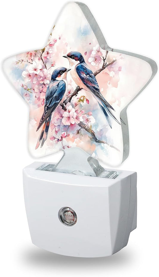 Spring Birds Night Lights Plug Into Wall,Pink Flowers Dusk to Dawn Light Sensor Night Light for Kids, Energy Efficient Sleep Friendly Lamp for Bedroom Bathroom Nursery