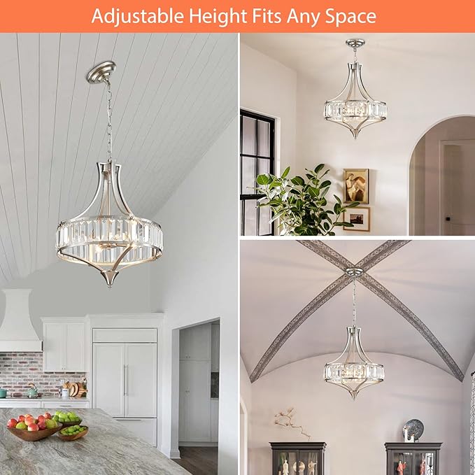 Crystal Chandeliers for Dining Room, Round Rustic Farmhouse Chandelier, Metal Shade, 4-Light Modern Brushed Nickel Chandelier for Hallway, Bedroom, Foyer