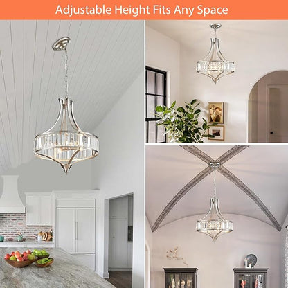 Crystal Chandeliers for Dining Room, Round Rustic Farmhouse Chandelier, Metal Shade, 4-Light Modern Brushed Nickel Chandelier for Hallway, Bedroom, Foyer