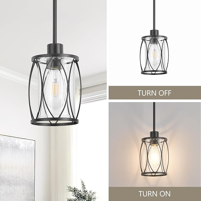 Glass Pendant Lights Kitchen Island Black Pendant Light Fixtures Adjustable Farmhouse Mini Hanging Light with Clear Glass for Sink Dining Room Foyer Entryway Bar, 3 Pack
