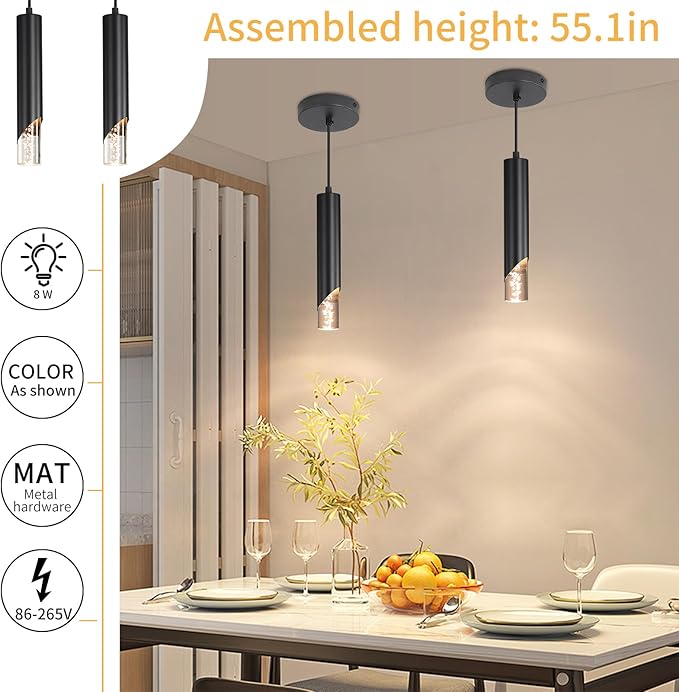 3 Pack Minimalist Kitchen Island Pendant Lights, Black Modern Linear Hanging Light Fixture, Bubble Acrylic, Adjustable 2700K/4500K/6500K, LED Ceiling Lamp for Dining Room, Bedside, Bathroom, Bar